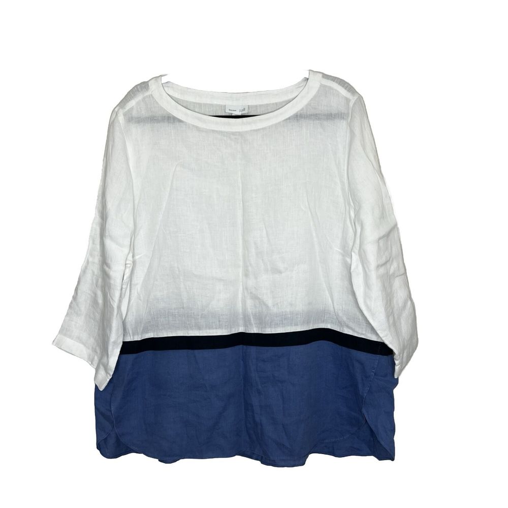 J Jill Top Tunic Women's XL White Blue Love Linen Laggenlook Peasant Cottagecore